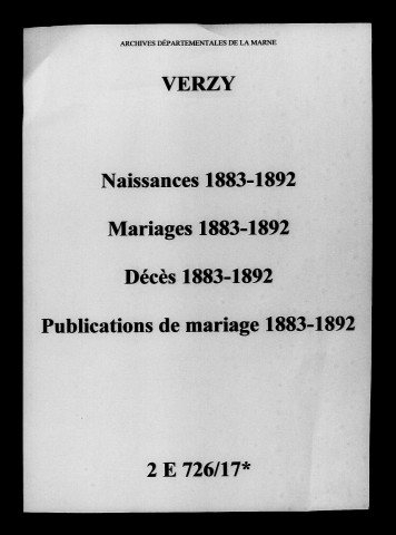 Verzy. Naissances, mariages, décès, publications de mariage 1883-1892