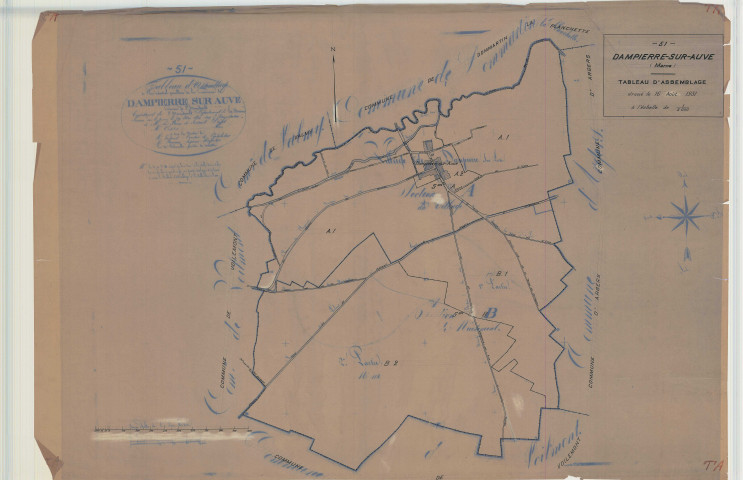Dommartin-Dampierre (51211). Tableau d'assemblage échelle 1/5000, plan mis à jour pour 1931 (ancienne commune de Dampierre sur-Auve (51207), plan non régulier (calque)