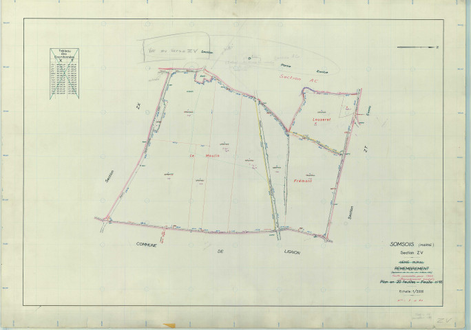 Somsois (51551). Section ZV échelle 1/2000, plan remembré pour 1969, plan régulier (papier armé)