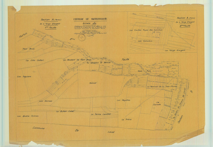 Wargemoulin-Hurlus (51659). Section A1 échelle 1/2500, plan reconstitution foncière pour 1932 (contient section A2), plan non régulier (calque)