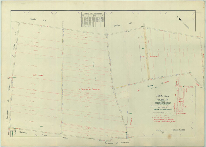 Thibie (51566). Section ZH échelle 1/2000, plan remembré pour 1961, plan régulier (papier armé)