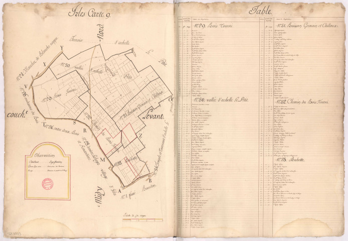 Terrier d'Irles (XVIIIe s.).- Carte 9 avec table : canton n° 29, Bois Tourni , canton n° 30, vallée d'achelle Le Petit , canton n° 31, Buisson Germain et Cailloux , canton n° 32, Chemin du Bois Tourni , canton n° 33, Buhotte