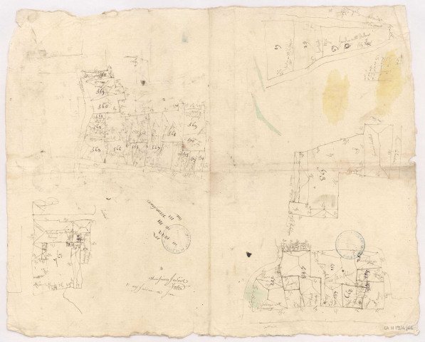 Plan du bourg et terroir d'Avenay seigneurie appartenant à Mesdames Abbesse et Religieuses de l'abbaye Royale de Saint Pierre dudit Avenay, fin XVIIIème. Brouillon sans titre de l'arpentage du terroir d'Avenay. Parcelles n° 558 à 571 et 61 à 63.