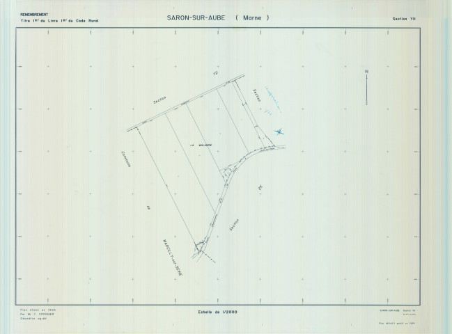 Saron-sur-Aube (51524). Section YH échelle 1/2000, plan remembré pour 01/01/1993, plan régulier de qualité P5 (calque)