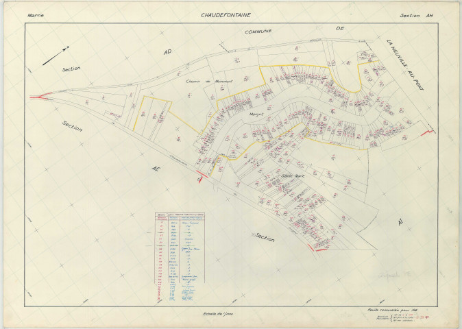 Chaudefontaine (51139). Section AH échelle 1/1000, plan renouvelé pour 1968, plan régulier (papier armé)