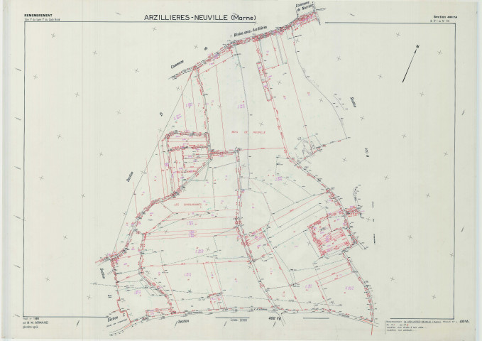 Arzillières-Neuville (51017). Section YA échelle 1/2000, plan remembré pour 1988, plan régulier (calque)