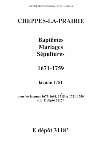 Cheppes. Baptêmes, mariages, sépultures 1671-1759