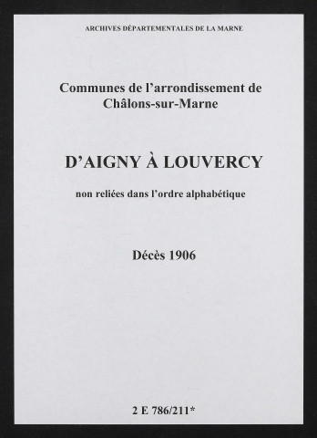 Communes d'Aigny à Louvercy de l'arrondissement de Châlons. Décès 1906