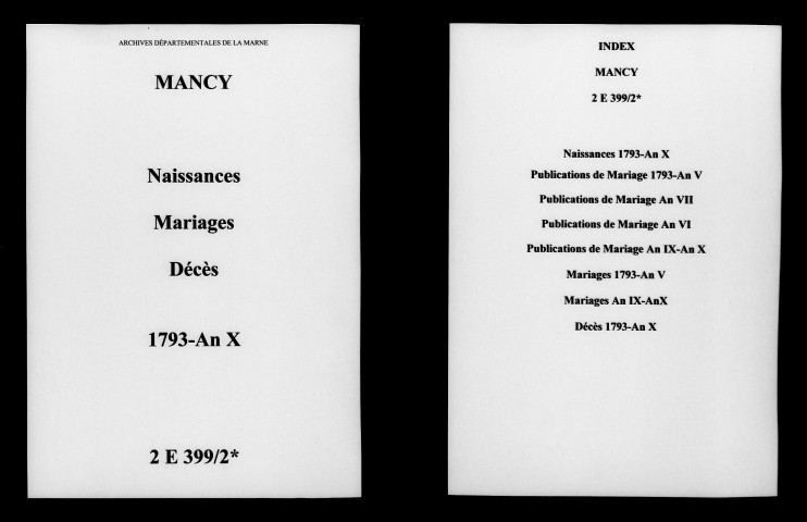 Mancy. Naissances, publications de mariage, mariages, décès 1793-an X