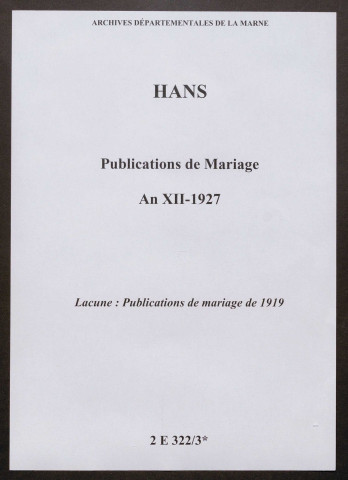 Hans. Publications de mariage an XII-1927