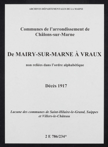 Communes de Mairy-sur-Marne à Vraux de l'arrondissement de Châlons. Décès 1917