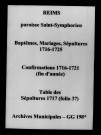 Reims. Saint-Symphorien. Baptêmes, mariages, sépultures, confirmations, tables des sépultures 1716-1725