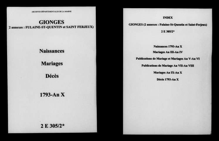 Gionges. Naissances, publications de mariage, mariages, décès 1793-an X