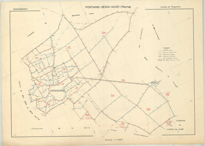 Fontaine-Denis-Nuisy (51254). Tableau d'assemblage échelle 1/5000, plan remembré sans date, régulier avant 20/03/1980 (papier)