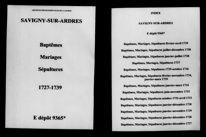Savigny-sur-Ardres. Baptêmes, mariages, sépultures 1727-1738