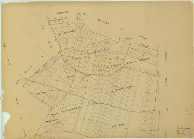 Val-des-Marais (51158). Coligny (51158). Section Y1 1 échelle 1/2000, plan remembré pour 1954 (ancienne section A2et B1 ), plan régulier (papier)