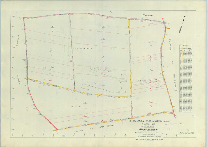 Saint-Jean-sur-Moivre (51490). Section ZB échelle 1/2000, plan remembré pour 1967, plan régulier (papier armé)