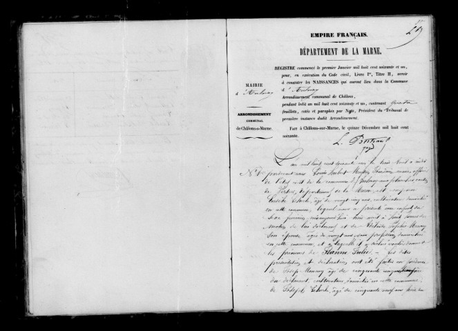 Aulnay-aux-Planches. Naissances et tables décennales des naissances, mariages, décès 1853-1872