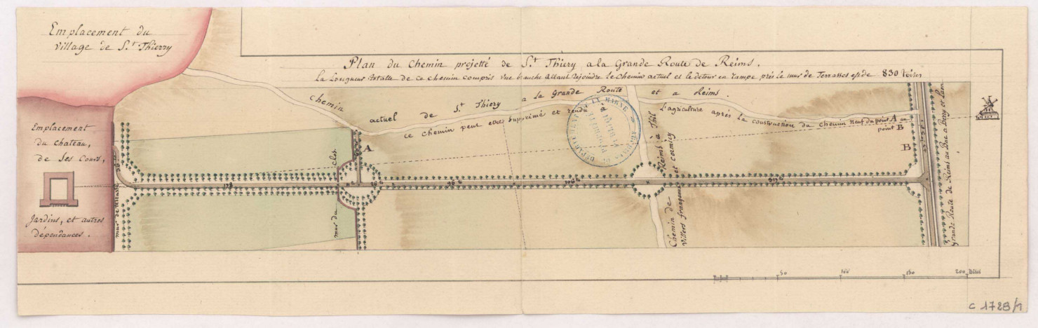Plan du chemin projeté de St Thierry à la gande route de Reims, 1782-1790.
