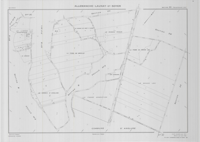 Allemanche-Launay-et-Soyer (51004). Section ZD 2 échelle 1/2000, plan remembré pour 01/01/1957, régulier avant 20/03/1980 (calque)