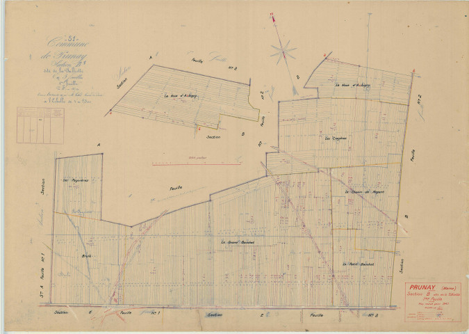Prunay (51449). Section  B1 échelle 1/2500, plan mis à jour pour 1940, plan non régulier (papier).