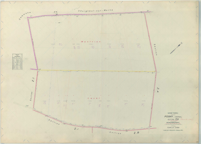 Pogny (51436). Section ZK échelle 1/2000, plan remembré pour 1962, plan régulier (papier armé)