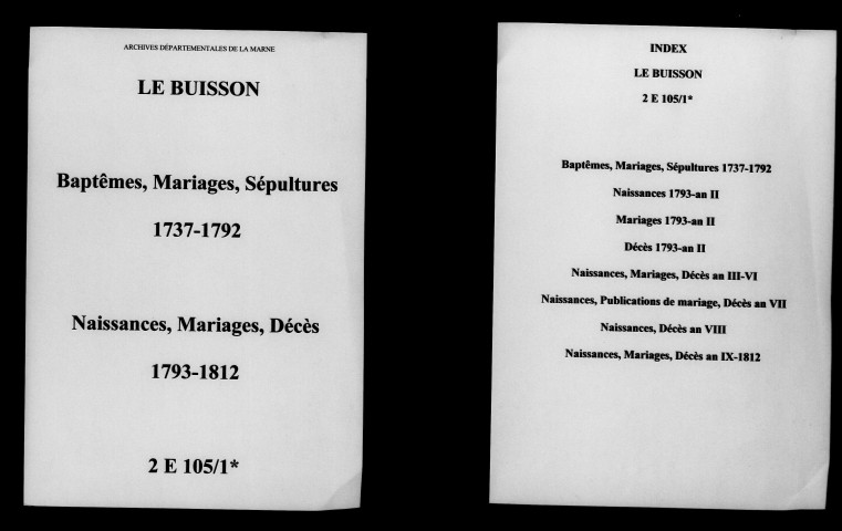 Buisson (Le). Baptêmes, mariages, sépultures puis naissances, mariages, décès 1737-1812