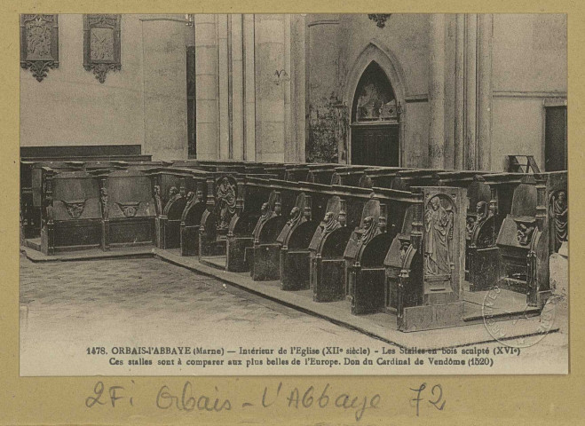 ORBAIS. -1478-Intérieur de l'Église (XIIe siècle) : les stalles en bois sculpté (XVIe s.) Ces stalles sont à comparer aux plus belles de l'Europe. Don du Cardinal de Vendôme (1520) / E. Mignon, photographe à Nangis (Seine-et-Marne).
NangisÉdition E. Mignon.[vers 1930]