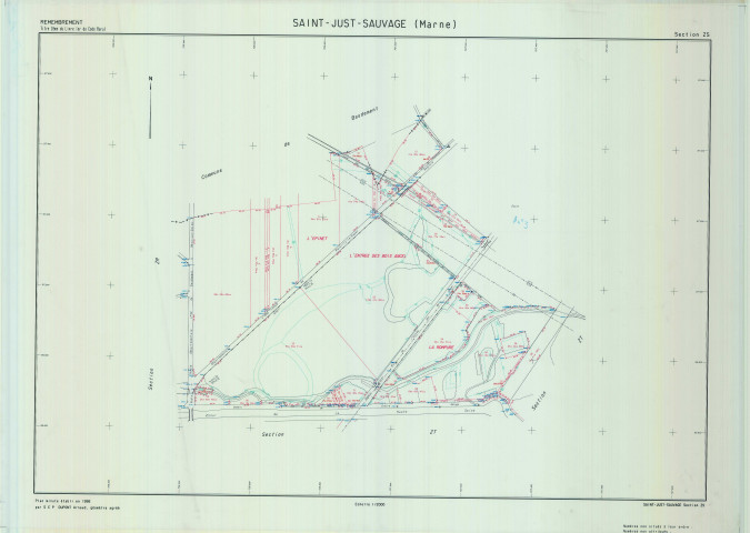 Saint-Just-Sauvage (51492). Section ZS échelle 1/2000, plan remembré pour 01/01/1998, plan régulier de qualité P5 (calque)