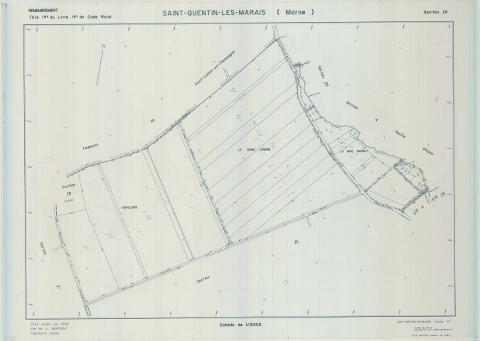 Saint-Quentin-les-Marais (51510). Section ZK échelle 1/2000, plan remembré pour 1994, plan régulier (calque)