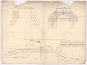 Plan de la moitié du pont, élévation du pont, emplacement du pont à construire sur la rivière du petit Morin sous le chemin de Montmirel à Sézanne, XVIIIè s.