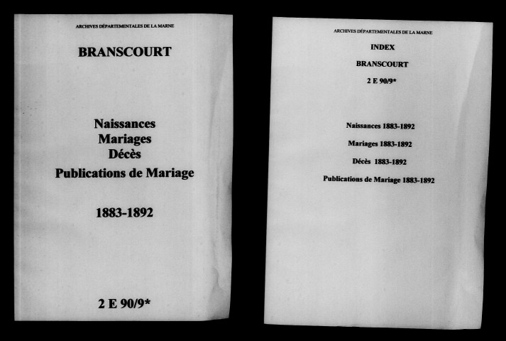 Branscourt. Naissances, mariages, décès, publications de mariage 1883-1892