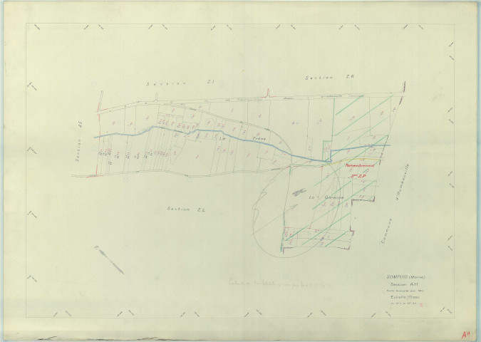 Sompuis (51550). Section AH échelle 1/2000, plan renouvelé pour 1962, plan régulier (papier armé)