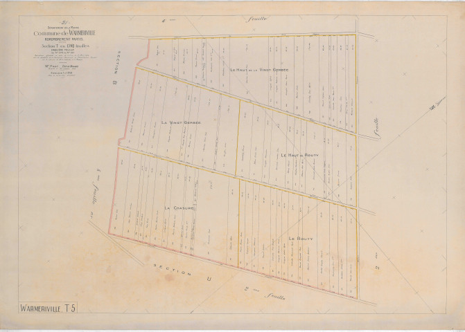 Warmeriville (51660). Section T5 échelle 1/1250, plan remembré pour 1923, plan régulier (papier).