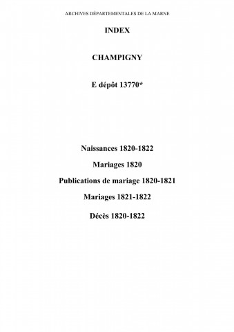 Champigny. Naissances, publications de mariage, mariages, décès 1820-1822