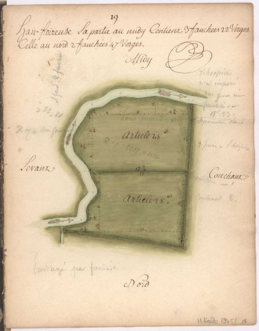 Cayet des plans et figures des prés de l'hotel Dieu de Sainte Manéhould, 1761. Plan n° 19 : Han-Foireuse.