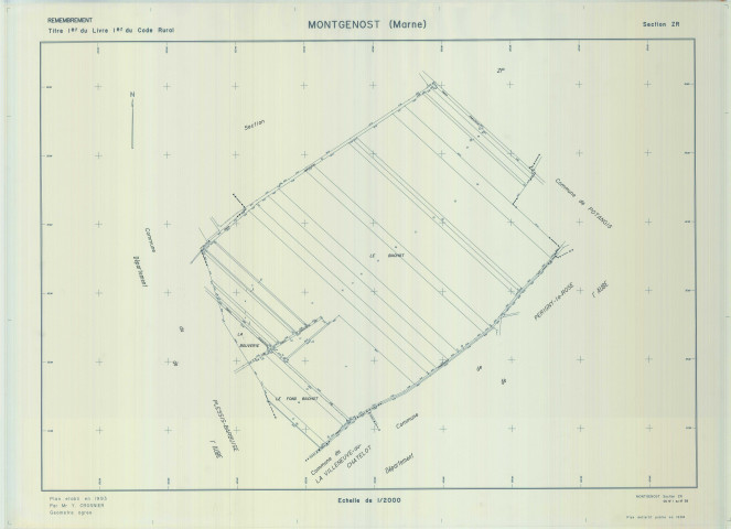 Montgenost (51376). Section ZR échelle 1/2000, plan renouvelé pour 01/01/1964, régulier avant 20/03/1980 (calque)