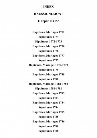 Haussignémont. Baptêmes, mariages, sépultures puis naissances, publications de mariage, mariages, décès 1771-an VIII