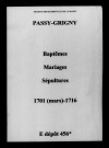 Passy-Grigny. Baptêmes, mariages, sépultures 1701-1716