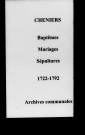 Cheniers. Baptêmes, mariages, sépultures 1722-1792