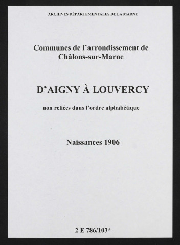 Communes d'Aigny à Louvercy de l'arrondissement de Châlons. Naissances 1906
