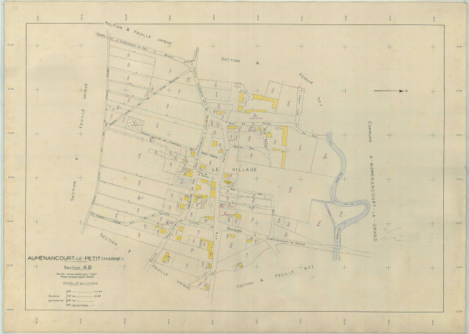 Auménancourt (51025). Section AB 2 échelle 1/1000, plan renouvelé pour 1957, ancienne commune Aumenancourt le petit (51026), plan régulier (papier armé).