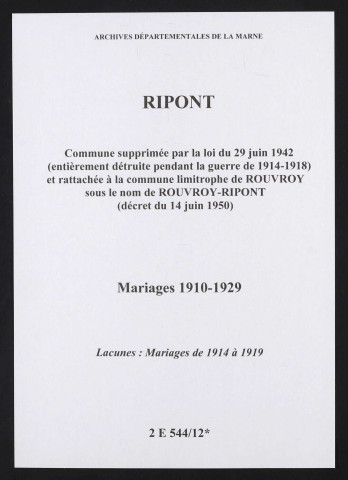 Ripont. Mariages 1910-1929