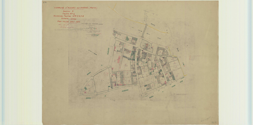 Aulnay-sur-Marne (51023). Section A4 3 échelle 1/1000, plan révisé pour 1950 (anciennes feuilles A5, 6, 7, 8), plan non régulier (papier)