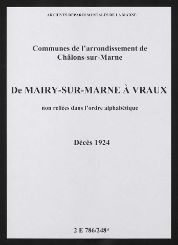 Communes de Mairy-sur-Marne à Vraux de l'arrondissement de Châlons. Décès 1924