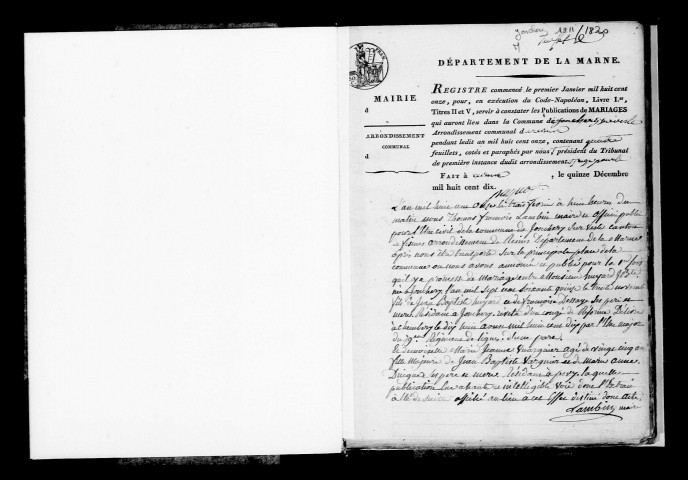 Jonchery-sur-Vesle. Publications de mariage, mariages 1811-1820
