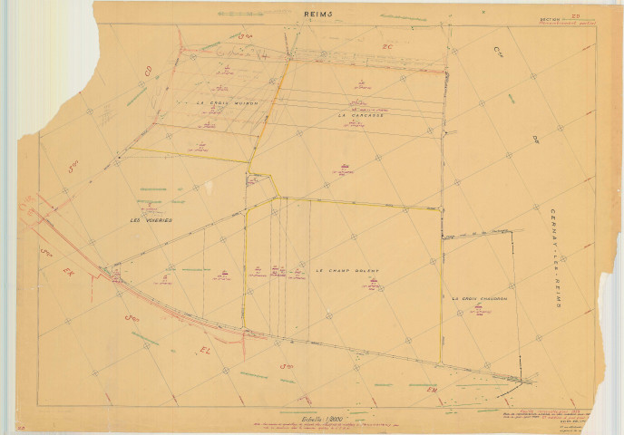 Reims (51454). Section ZD échelle 1/2000, plan remembré pour 1959, plan régulier (papier armé).