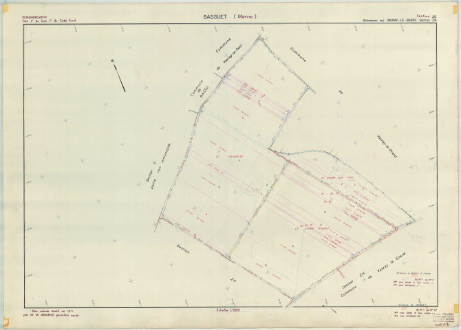 Bassuet (51040). Section ZE échelle 1/2000, plan remembré pour 1971 (extension sur Vavray le Grand section ZB), plan régulier (papier armé)