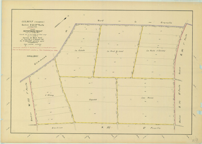 Val-des-Marais (51158). Coligny (51158). Section X3 échelle 1/2000, plan remembré pour 1954 (anciennes sections C3 et D1 ), plan régulier (papier)
