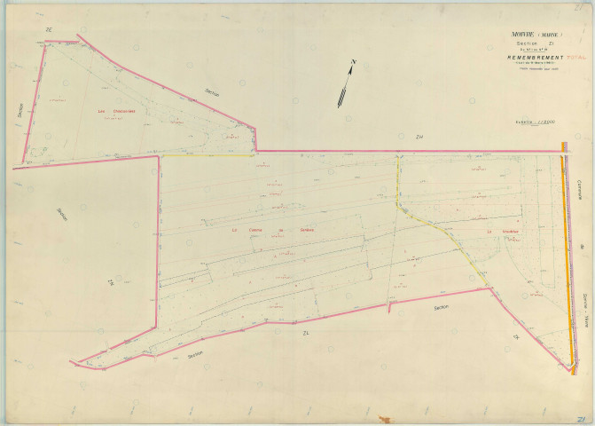 Moivre (51371). Section ZI échelle 1/2000, plan remembré pour 1968, plan régulier (papier armé)